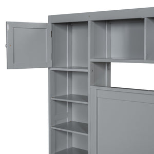 English Elm Queen Storage Bed with Shelving Cabinets Built-in Outlets and Four Under Drawers Gray LP000742AAE