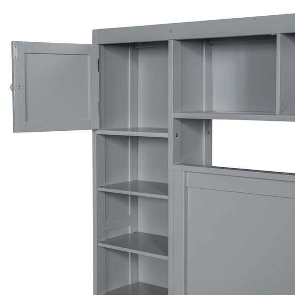 English Elm Queen Storage Bed with Shelving Cabinets Built-in Outlets and Four Under Drawers Gray LP000742AAE