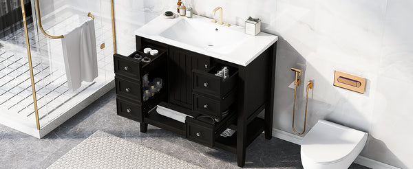 English Elm 36" Bathroom Vanity With Ceramic Sink, Solid Wood Frame, Modern Black Finish & Ample Storage Solutions N725P246500B