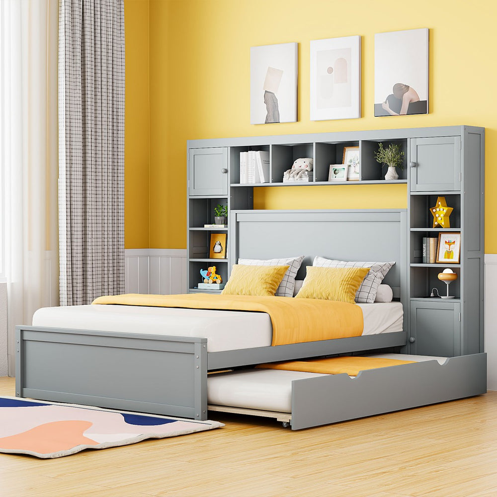English Elm Full Platform Bed with Storage Headboard Built-in Outlets Shelving and Twin Trundle Gray LP000642AAE