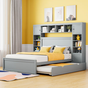 English Elm Full Platform Bed with Storage Headboard Built-in Outlets Shelving and Twin Trundle Gray LP000642AAE