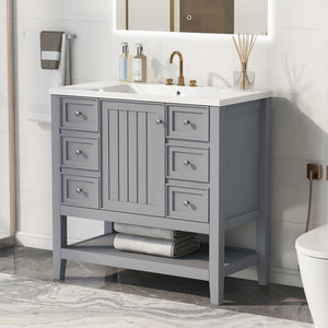 English Elm 36" Bathroom Vanity With Sink Combo, One Cabinet and Three Drawers, Solid Wood and Mdf Board, Grey