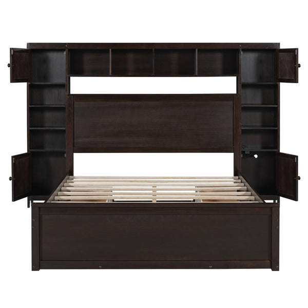 English Elm Queen Storage Bed with Shelving Cabinets Built-in Outlets and Four Under Drawers Espresso LP000742AAP