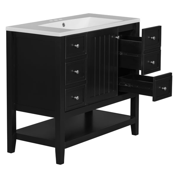 English Elm 36" Bathroom Vanity With Ceramic Sink, Solid Wood Frame, Modern Black Finish & Ample Storage Solutions N725P246500B