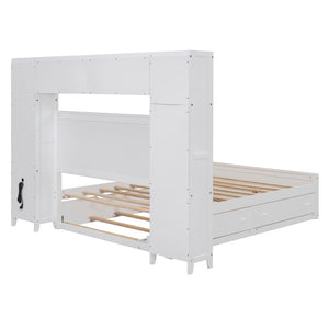 English Elm Full Platform Bed with Storage Headboard Built-in Outlets Shelving and Twin Trundle White LP000642AAK