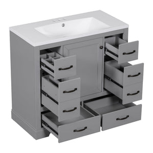 English Elm 36" Modern Bathroom Vanity with Ceramic Sink, Six Drawers, Adjustable Shelf, Solid Wood Build Grey SY999808AAE-6