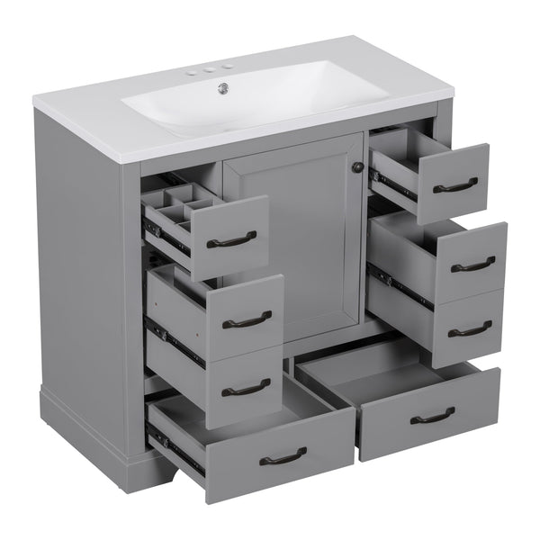 English Elm 36" Modern Bathroom Vanity with Ceramic Sink, Six Drawers, Adjustable Shelf, Solid Wood Build Grey SY999808AAE-6