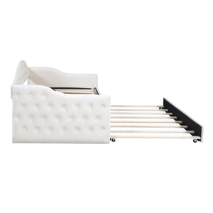 English Elm Twin Velvet Tufted Daybed with Pull Out Trundle and Built in Usb Charging Ports N733S422848A