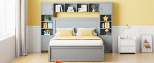 English Elm Full Platform Bed with Storage Headboard Built-in Outlets Shelving and Twin Trundle Gray LP000642AAE