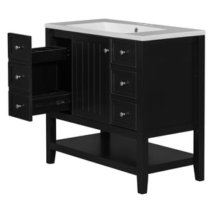 English Elm 36" Bathroom Vanity With Ceramic Sink, Solid Wood Frame, Modern Black Finish & Ample Storage Solutions N725P246500B