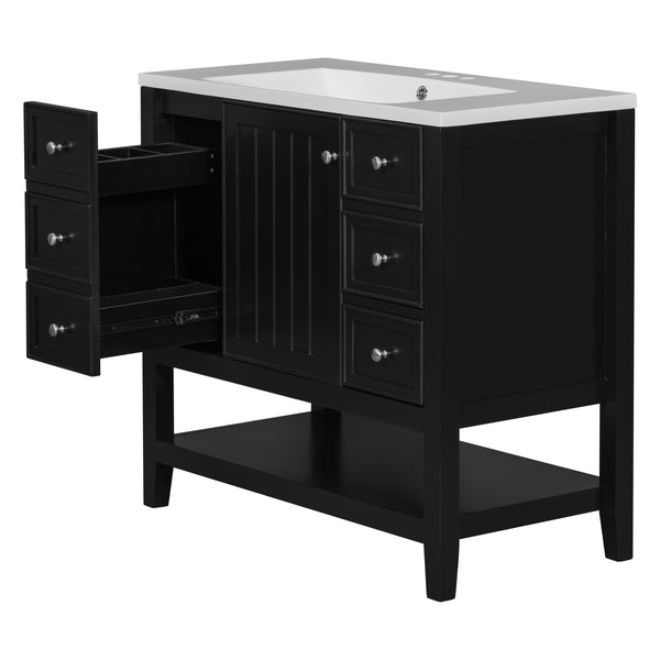English Elm 36" Bathroom Vanity With Ceramic Sink, Solid Wood Frame, Modern Black Finish & Ample Storage Solutions N725P246500B