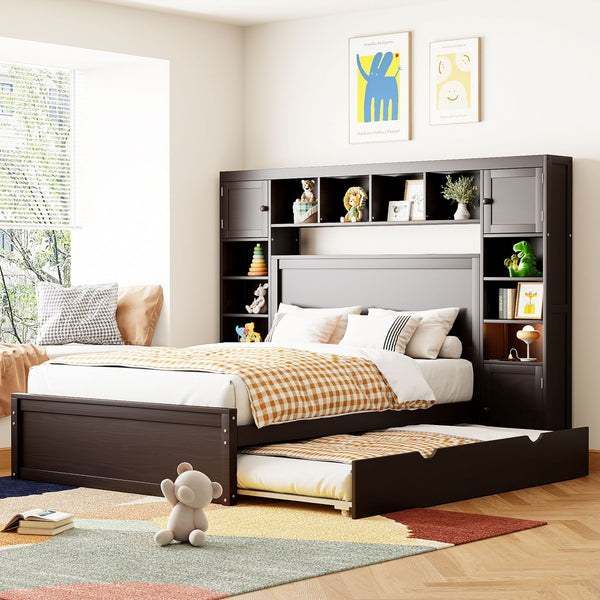 English Elm Full Platform Bed with Storage Headboard Built-in Outlets Shelving and Twin Trundle Espresso LP000642AAP