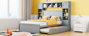 English Elm Full Platform Bed with Storage Headboard Built-in Outlets Shelving and Twin Trundle Gray LP000642AAE