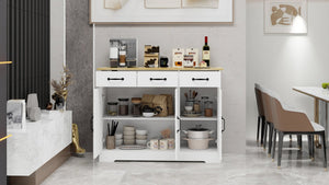 English Elm Farmhouse Buffet Sideboard with 3 Drawers and Doors White Dining Storage Cabinet W282138084
