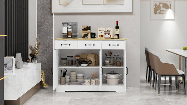English Elm Farmhouse Buffet Sideboard with 3 Drawers and Doors White Dining Storage Cabinet W282138084