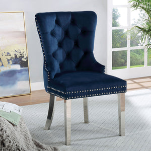 English Elm Set of 2 Wingback Dining Chairs in Blue Flannelette Velvet with Button Tufting, Studs & Chrome Legs B016P156857