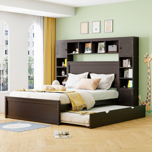 English Elm Queen Platform Bed with Headboard Storage Shelves Built-in Outlets and Trundle Drawer Espresso LP000842AAP