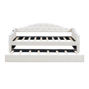 English Elm Twin Velvet Tufted Daybed with Pull Out Trundle and Built in Usb Charging Ports N733S422848A