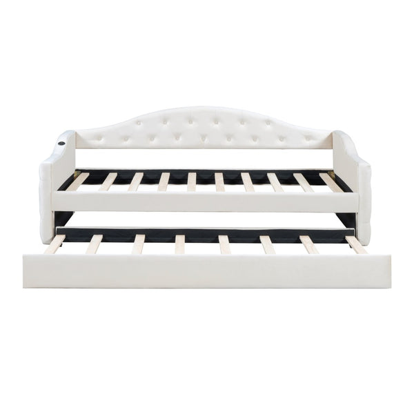 English Elm Twin Velvet Tufted Daybed with Pull Out Trundle and Built in Usb Charging Ports N733S422848A