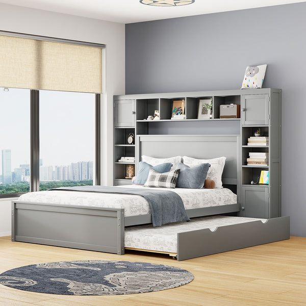 English Elm Queen Platform Bed with Headboard Storage Shelves Built-in Outlets and Trundle Drawer Gray LP000842AAE