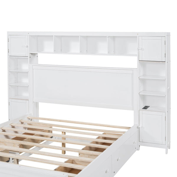 English Elm Queen Storage Bed with Shelving Cabinets Built-in Outlets and Four Under Drawers LP000742AAK