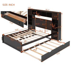 English Elm Full Platform Bed with Storage Headboard Built-in Outlets Shelving and Twin Trundle Espresso LP000642AAP