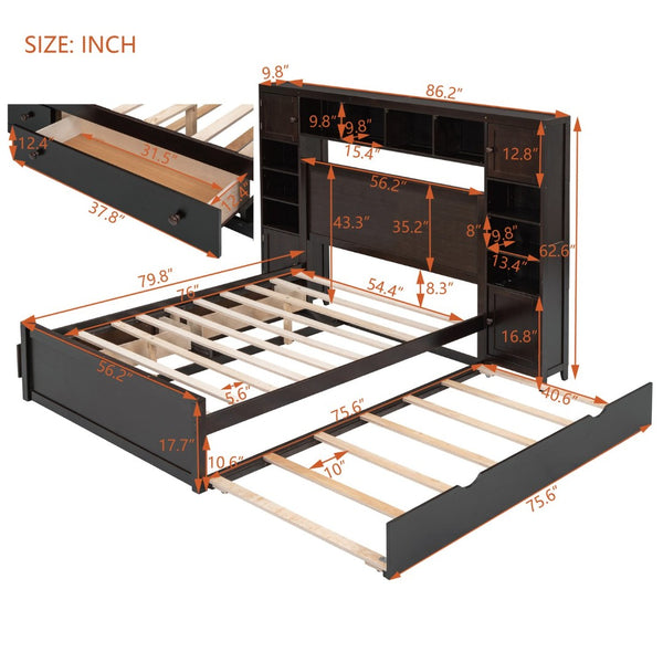English Elm Full Platform Bed with Storage Headboard Built-in Outlets Shelving and Twin Trundle Espresso LP000642AAP