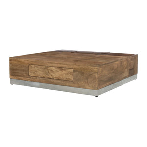 English Elm Luxvil Solid Mango Wood Square Coffee Table Geometric Carved Top Metal Base Living Room B024P156852