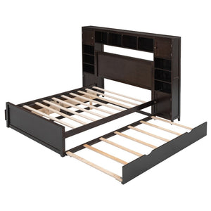 English Elm Full Platform Bed with Storage Headboard Built-in Outlets Shelving and Twin Trundle Espresso LP000642AAP