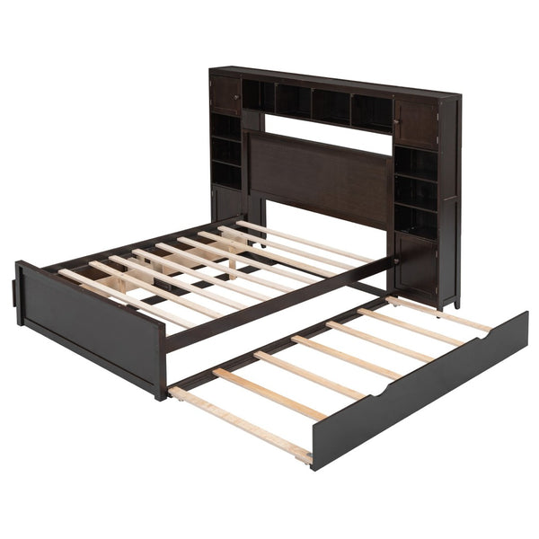 English Elm Full Platform Bed with Storage Headboard Built-in Outlets Shelving and Twin Trundle Espresso LP000642AAP