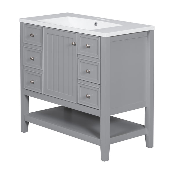 English Elm 36" Stylish Bathroom Vanity With Ceramic Sink, Solid Wood, 1 Cabinet & 3 Drawers, Grey Finish N725P246500E