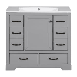 English Elm 36" Modern Bathroom Vanity with Ceramic Sink, Six Drawers, Adjustable Shelf, Solid Wood Build Grey SY999808AAE-6