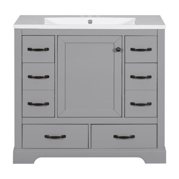 English Elm 36" Modern Bathroom Vanity with Ceramic Sink, Six Drawers, Adjustable Shelf, Solid Wood Build Grey SY999808AAE-6