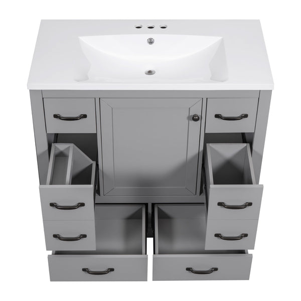 English Elm 36" Modern Bathroom Vanity with Ceramic Sink, Six Drawers, Adjustable Shelf, Solid Wood Build Grey SY999808AAE-6