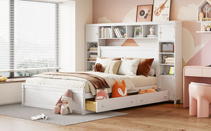 English Elm Queen Storage Bed with Shelving Cabinets Built-in Outlets and Four Under Drawers LP000742AAK