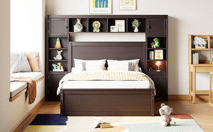 English Elm Full Platform Bed with Storage Headboard Built-in Outlets Shelving and Twin Trundle Espresso LP000642AAP