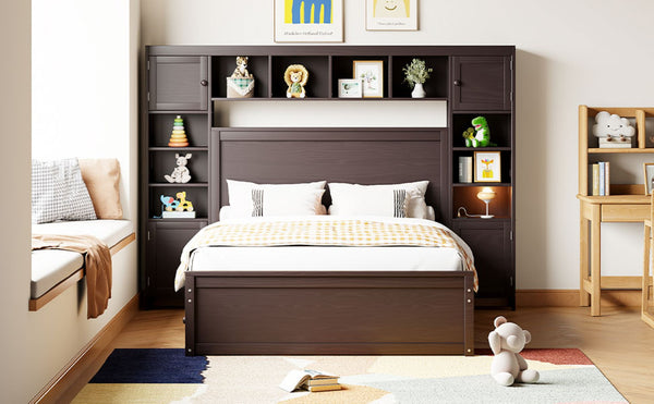 English Elm Full Platform Bed with Storage Headboard Built-in Outlets Shelving and Twin Trundle Espresso LP000642AAP