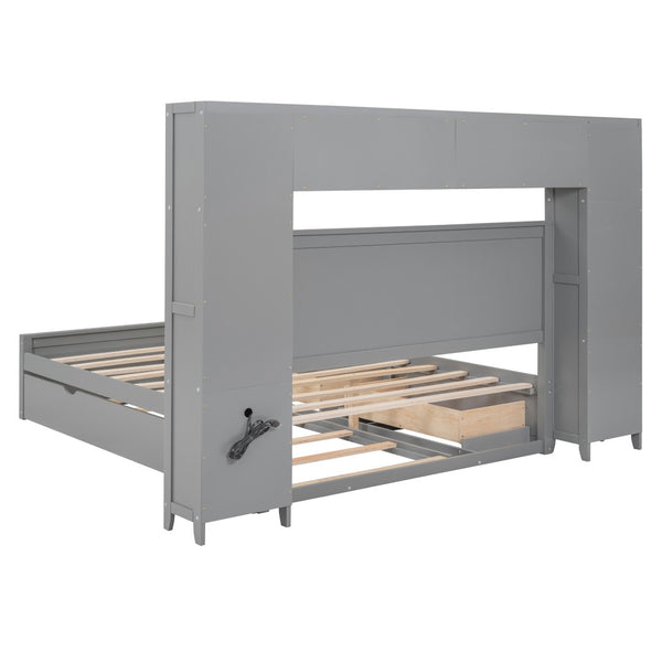 English Elm Queen Platform Bed with Headboard Storage Shelves Built-in Outlets and Trundle Drawer Gray LP000842AAE