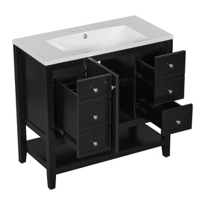 English Elm 36" Bathroom Vanity With Ceramic Sink, Solid Wood Frame, Modern Black Finish & Ample Storage Solutions N725P246500B