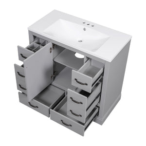 English Elm 36" Modern Bathroom Vanity with Ceramic Sink, Six Drawers, Adjustable Shelf, Solid Wood Build Grey SY999808AAE-6