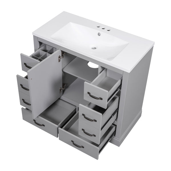English Elm 36" Modern Bathroom Vanity with Ceramic Sink, Six Drawers, Adjustable Shelf, Solid Wood Build Grey SY999808AAE-6
