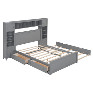 English Elm Full Platform Bed with Storage Headboard Built-in Outlets Shelving and Twin Trundle Gray LP000642AAE