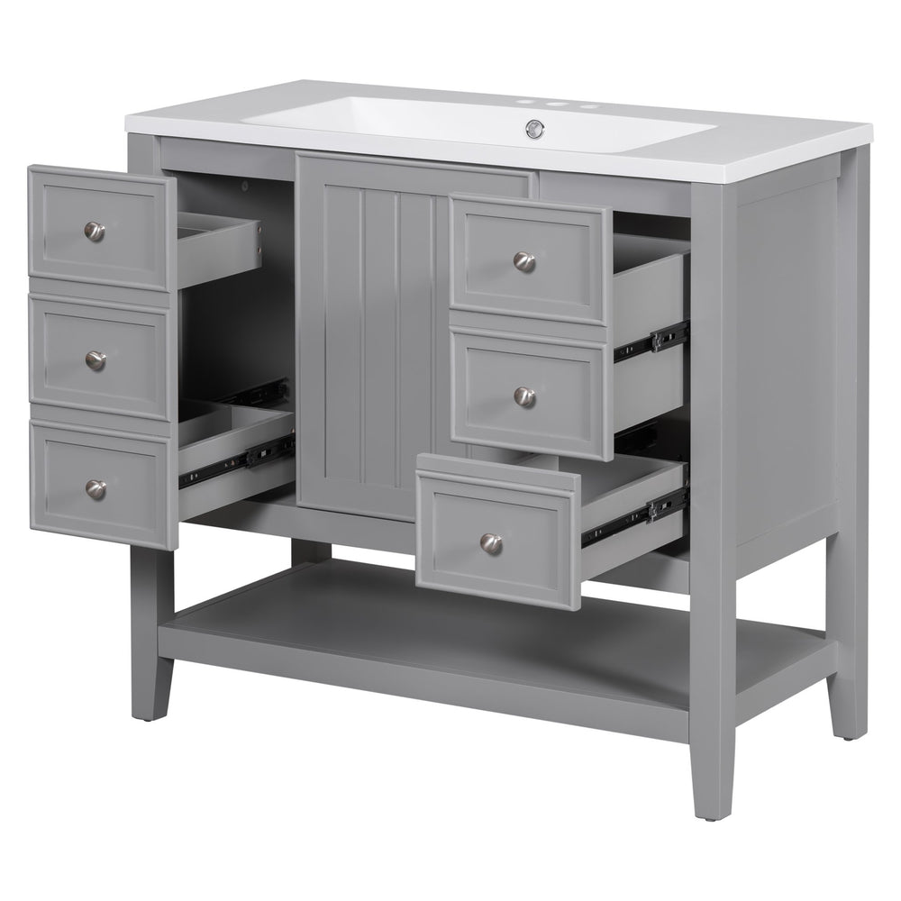 English Elm 36" Stylish Bathroom Vanity With Ceramic Sink, Solid Wood, 1 Cabinet & 3 Drawers, Grey Finish N725P246500E