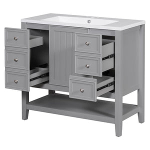 English Elm 36" Stylish Bathroom Vanity With Ceramic Sink, Solid Wood, 1 Cabinet & 3 Drawers, Grey Finish N725P246500E