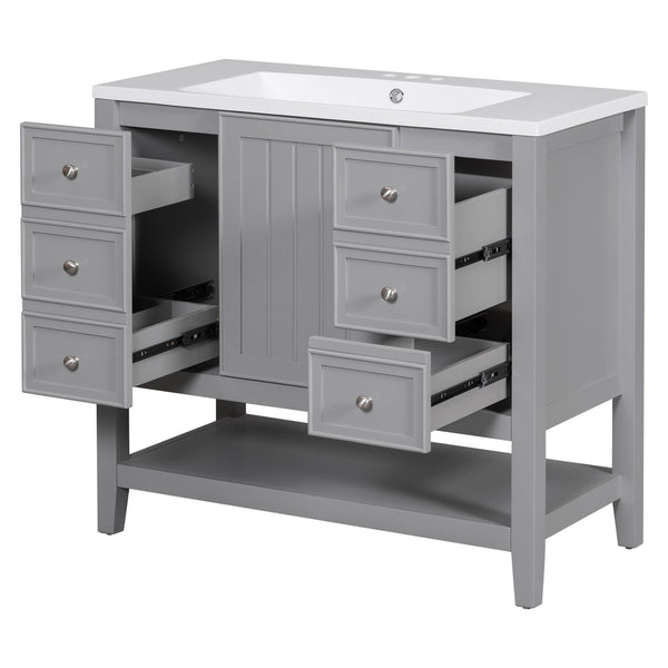 English Elm 36" Stylish Bathroom Vanity With Ceramic Sink, Solid Wood, 1 Cabinet & 3 Drawers, Grey Finish N725P246500E