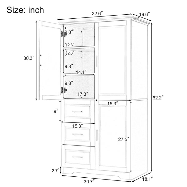 English Elm Tall Narrow Storage Cabinet with Doors and 3 Drawers – Adjustable Shelves, Anti-Tip, 45lb Capacity Grey WF299285AAG