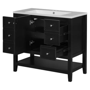 English Elm 36" Bathroom Vanity With Ceramic Sink, Solid Wood Frame, Modern Black Finish & Ample Storage Solutions N725P246500B