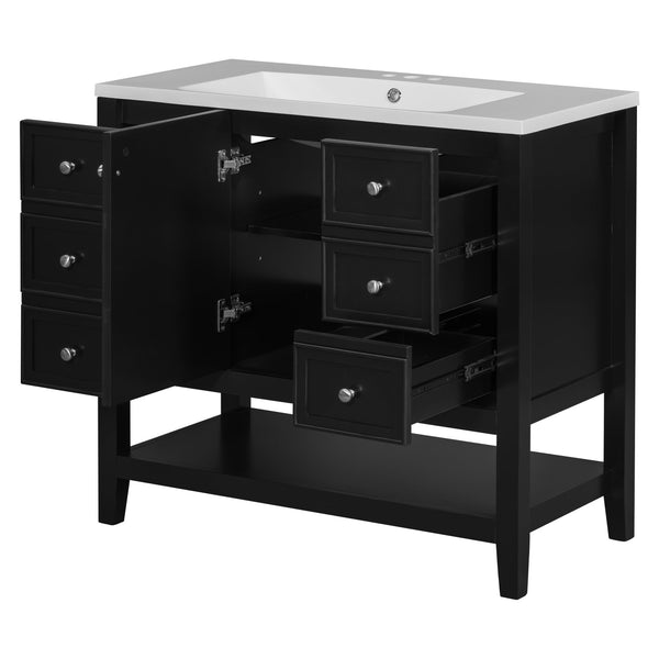 English Elm 36" Bathroom Vanity With Ceramic Sink, Solid Wood Frame, Modern Black Finish & Ample Storage Solutions N725P246500B