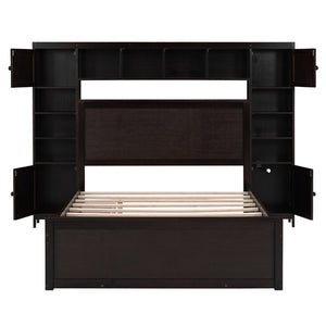 English Elm Full Platform Bed with Storage Headboard Built-in Outlets Shelving and Twin Trundle Espresso LP000642AAP