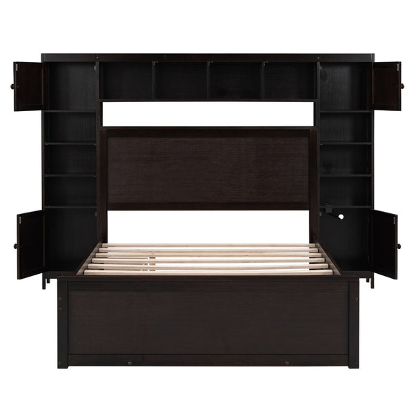 English Elm Full Platform Bed with Storage Headboard Built-in Outlets Shelving and Twin Trundle Espresso LP000642AAP